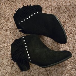 Vionic Black Suede Fringe Ankle Booties